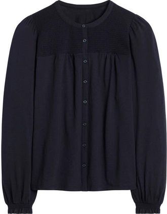 Boden Elsa Smocked Yoke Knit Button-Up Shirt in Navy at Nordstrom, Size 10