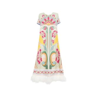 La DoubleJ Tulip Plac&eacute;e-print Feather-trim Maxi Dress