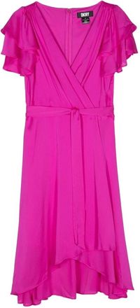 DKNY Blauwe Midi Jurk met Dubbele Ruche - Dames - Casual kleedjes - Roze - XS - Polyester - Kleedjes