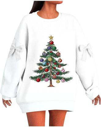 Generic Christmas Jumpers for Women UK Oversized Long Sleeve Christmas Tree Printed Jumper Plus Size Novelty Xmas Sweatshirts Graphic Crewneck Shirts Autumn W