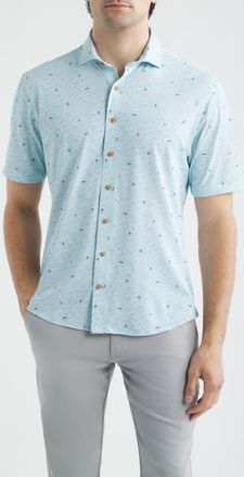 Johnnie-O Rowing Hangin Out Surfer Print Knit Short Sleeve Button-Up Shirt in White/blue Multi at Nordstrom, Size Xx-Large