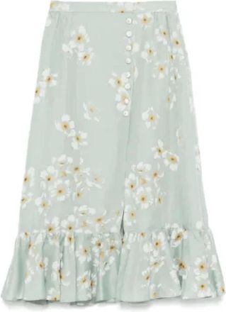 Valentino Bloemenprint Midi Rok met Split - Dames - Midirokken - Groen - M - Satijn - Rokken