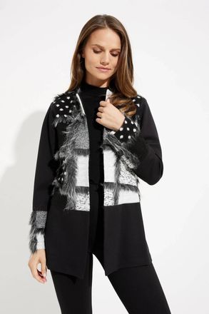 Joseph Ribkoff Berkely Patchwork Faux Fur Cardigan In Black And Grey Abstract