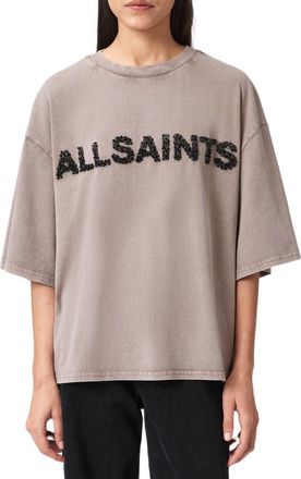 AllSaints Amelie Oversize Embellished Logo Cotton T-Shirt in Stone Grey at Nordstrom, Size X-Small