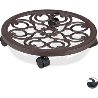 Relaxdays Carrello Portavasi Rotondo, Metallo, Sottovaso da Interni ed Esterni Antico Diametro 38 cm, per Vasi, Marrone - Relaxdays
