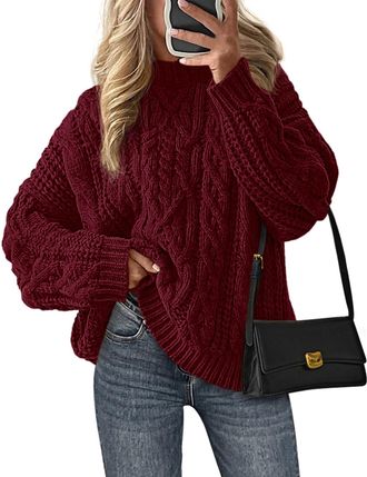 PrettyGarden Womens Oversized Fall Sweaters 2026 Casual Long Sleeve Crewneck Chunky Cable Knit Pullover Tops Winter Clothes, Burgundy, Small