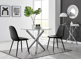 Furniturebox Selina Round Glass Chrome Leg Dining Table & 2 Corona Black Leg Chairs | Size: 2 Person