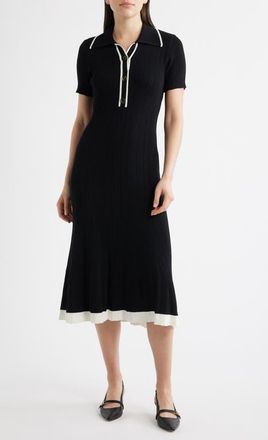 Julia Jordan Short Sleeve Rib Polo Sweater Dress in Black/ivory at Nordstrom, Size X-Large