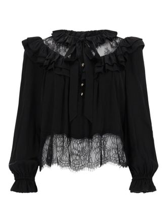 Self Portrait Blue Relaxed Fit Viscose Ruffled Neckline Blouse
