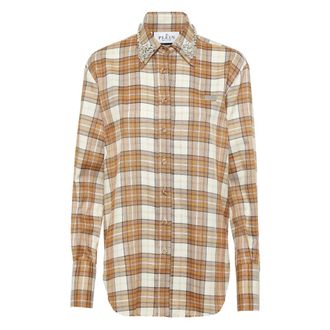 Philipp Plein Checked Oversize Shirt LS Strass Flame - Dames - Overhemden - Veelkleurig - S - Polyester - Overhemden