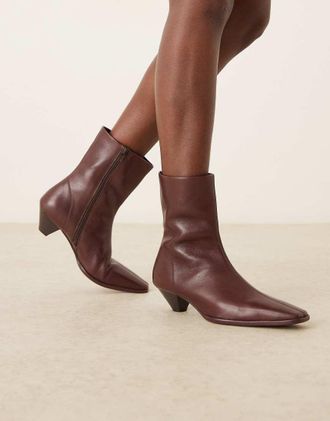 Asos Rhodes - Stivaletti in pelle color bordeaux con tacco e punta squadrata-Rosso