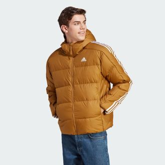 adidas Mens Essentials Midweight Down Hooded Jacket - Brown Recycled Material - Size 2XL