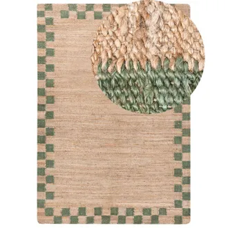 Beliani Area Rug Beige and Green Jute Cotton 160 x 230 cm Rectangular Woven Rustic Style Living Room Bedroom Checkered Border BEED