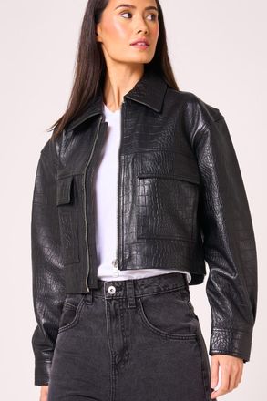 Barneys Womens Real Leather Cropped Croc Print Jacket - Black - Size 12 UK