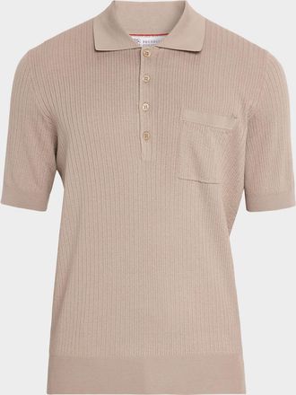 Brunello Cucinelli Mens Cotton Textured Rib-Knit Polo Shirt