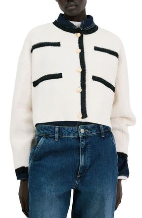 Mango Contrast Trim Cotton Blend Crop Cardigan in Ecru at Nordstrom, Size X-Small