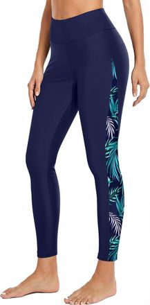 Holipick Swim Pants for Women Swimming Leggings High Waisted Swimsuit Pants UPF 50+ Rash Guard Pants, Blue Leaves, X-Large