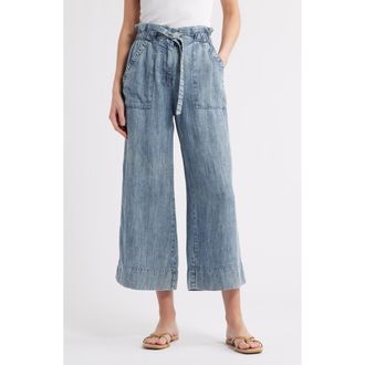 Hatley Acid Wash Tie Front Crop Wide Leg Chambray Pants in Blue Acid Rinse at Nordstrom, Size X-Large