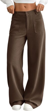 Generic Womens High Waist Wide Leg Pants Solid Colour Straight Fit Long Trousers with Front Pockets Button Closure Casual Everyday Style