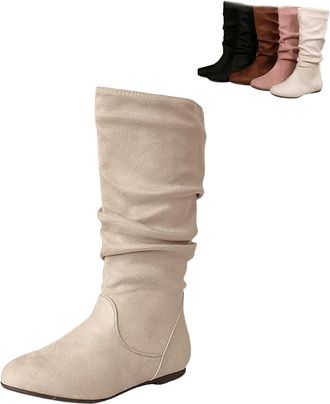 Generic Women Round Toe Slouch Vegan Comfy Flat Mid Calf Tall Faux Suede Leather Boots Slouchy Pull on Round Toe Knight Riding Shoes (White,6.5)