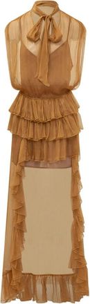 Actualee Mouloze Lange Jurk met Hoge Hals en Strik - Dames - Avondkleed - Bruin - S - Kleedjes