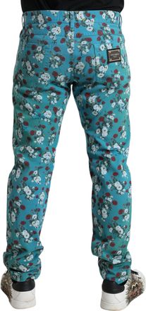 Dolce & Gabbana Mens Blue Floral Print Skinny Cotton Denim Pants