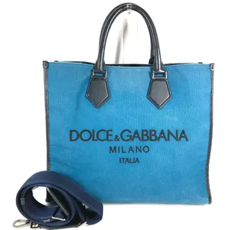 Dolce & Gabbana Black Blue Leather Canvas Shopping Bag Shoulder Bag Tote Bag (Pre-Owned)