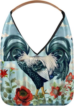 Generic Farmhouse Rooster and Flowers Reusable Lightweight Grocery Bags - Foldable Into Compact Pouch, Washable & Sturdy, Multipurpose for Shopping and Travel