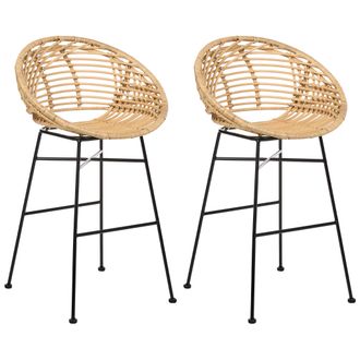 Beliani Conjunto De 2 Sillas De Bar Industrial Boho De Rat&aacute;n Comedor Cocina Patas De Hierro Natural Windom