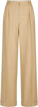 Marc Aurel Broeken, Dames, Beige, XS, Leer, Wijde broek met plooien en omslagen