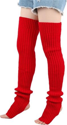 Generic Womens Ethnic Crochet Thigh High Socks Cable Knitted Over Knee Winter Boot Stockings Tube Long Leg Warmers (L-Red, ONE SIZE)