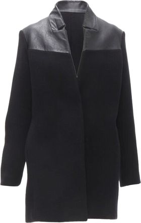 Maje Sirop calfskin leather trim wool collarless coat