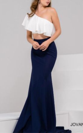 Jovani One Shoulder Jovani Two Piece In Navy/ivory