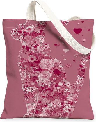 Generic Floral Dog Canvas Tote Bags, Flower Heart Pattern Reusable Grocery Bags, Vintage Lightweight Washable Shoulder Strap Canvas, Peach, 13x15 Inch