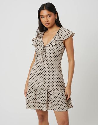 Brave Soul Vestito corto beige a pois con volant-Neutro