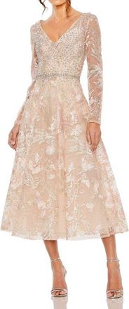 Mac Duggal Beaded Embroidered Long Sleeve V Neck Midi Dress in Blush at Nordstrom, Size 12