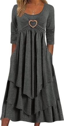 Generic Womens Long Sleeve Midi Dress Crew Neck Ruched Solid Color Autumn A Line Dresses Flowy Ruffle Boho Dress with Pockets Grey