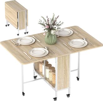 OEM Mesa De Cocina Plegable Con Ruedas Alas Abatibles Y Estante Mesa Plegable Para Sal&oacute;n 130x80x74 Cm Madera Natural