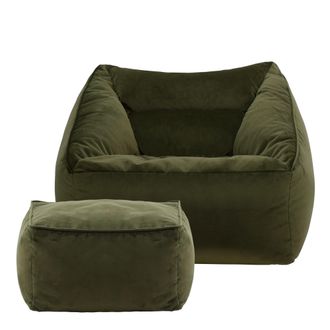Icon Brand Natalia Velvet Adults Bean Bag Armchair & Pouffe, Large Beanbag & Footstool Olive Green