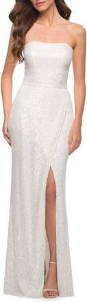 La Femme Simple Sequin Strapless Dress with Faux Wrap Skirt in White at Nordstrom, Size 12