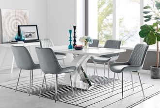 Furniturebox Atlanta 6 White Dining Table & 6 Pesaro Silver Leg Chairs in Grey