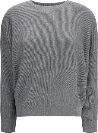 Brunello Cucinelli Brunello Cucinelli Womens Metallic Ribbed Knit Pullover - Grey