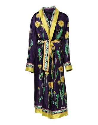 Dolce & Gabbana Womens Blue Floral Print Silk Long Sleeves Wrap Robe Clothing
