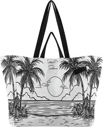 Generic Tree Ocean Sunset White pattern Reusable Canvas Tote Bag, Heavy Duty Grocery Shopping Bag with Large Capacity Double Handles Hard Bottom Work Grocerie