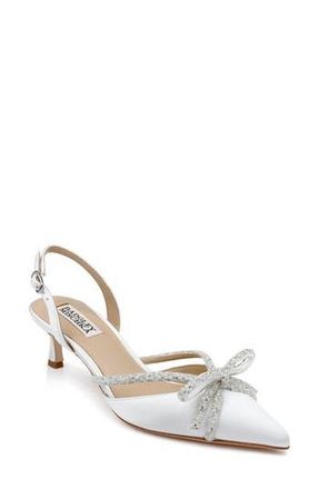 Badgley Mischka Angelina Slingback Pointed Toe Kitten Heel Pump in White Satin at Nordstrom Rack, Size 10
