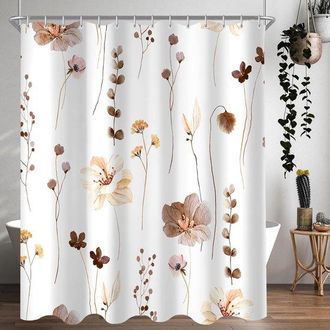 No Brand Cortina De Ducha Antimoho Con Estampado De Flores Marrones, 12 Anillas, Poli&eacute;ster Lavable Y Antibacteriano, 180 X 200 Cm