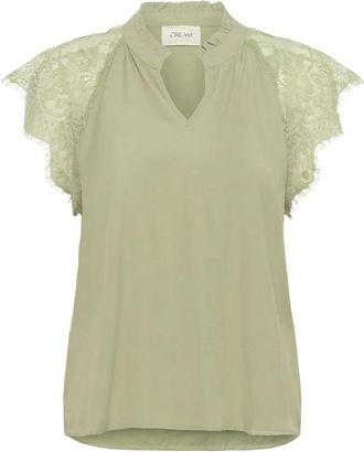 Cream Kanten blouse met V-hals en kanten mouwen - Dames - Blouses - Groen - M - Nylon - Overhemden