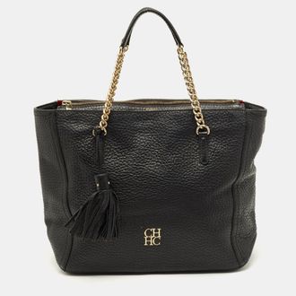 Carolina Herrera Tassel Top Zip Black Pebbled Leather Tote