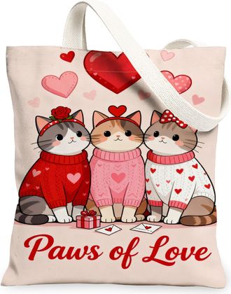 Generic Cute Cats Canvas Tote Bags, Adorable Feline Love Design Reusable Grocery Bags, ValentineS Day Lightweight Washable Shoulde, Peach, 13x15 Inch