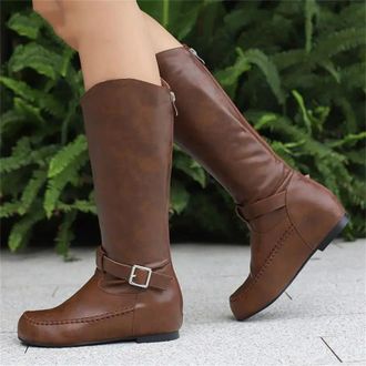 Generic Womens Retro Mid Calf Boots Round Toe Hidden Wedge Heel With Back Zipper And A Fashionable Belt Buckle